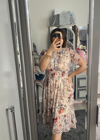 Bej Bohem V Yaka Şifon Elbise - Görsel 2