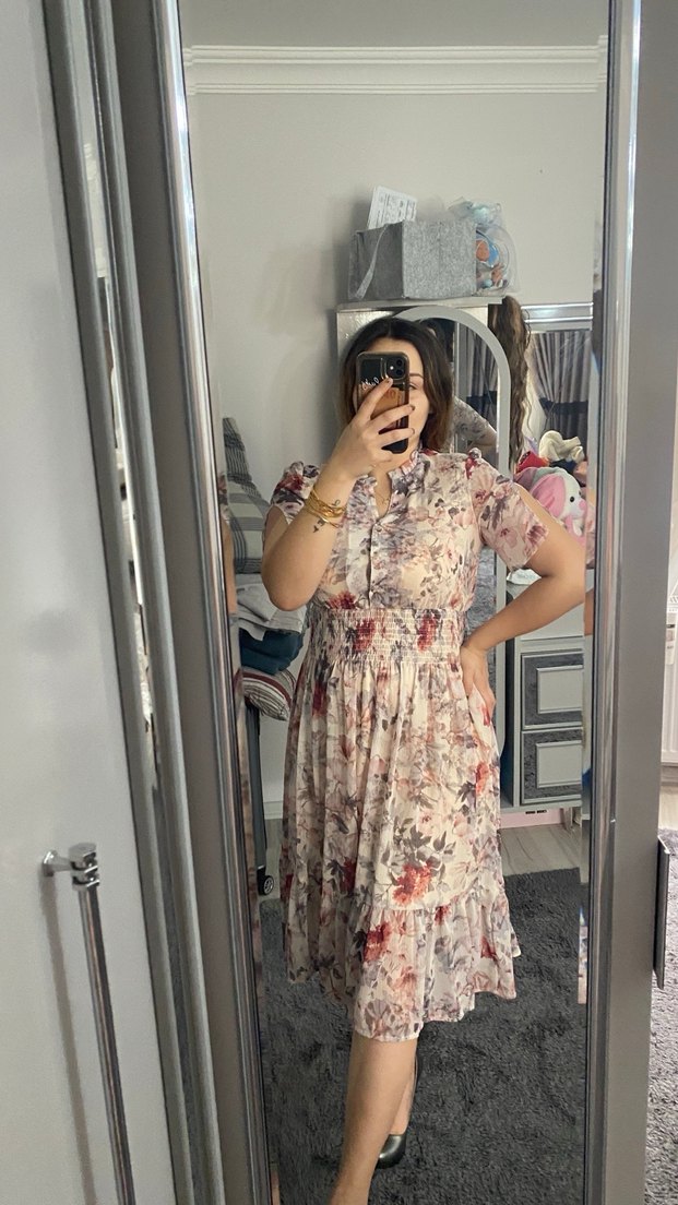 Bej Bohem V Yaka Şifon Elbise - Görsel 2