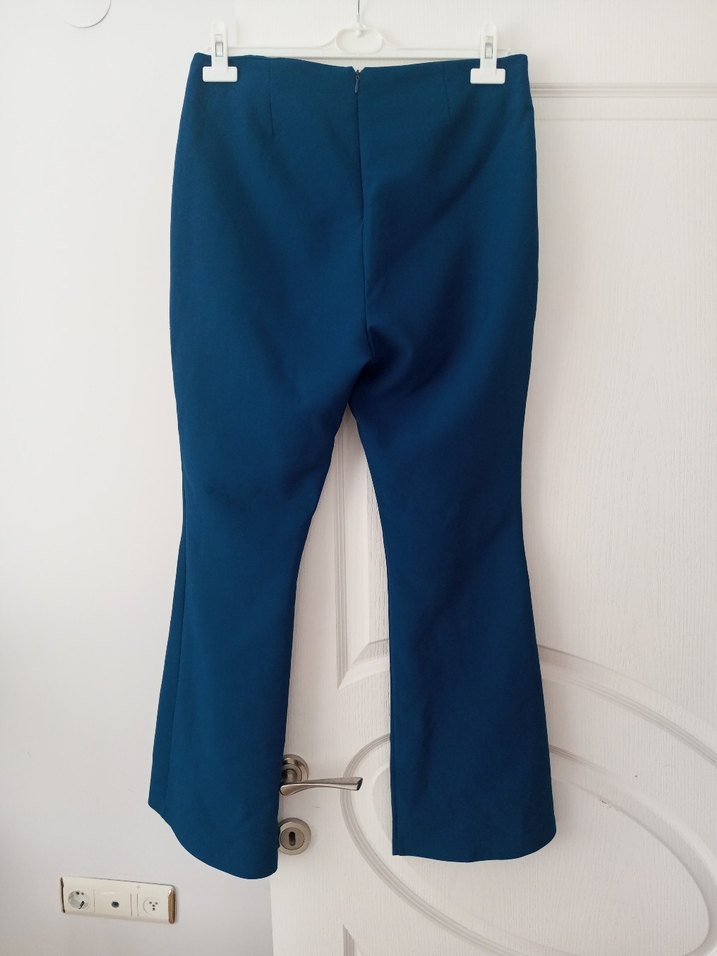 Kadın petrol mavisi Pilili Kumaş pacasi yirtmaçli Pantolon - Görsel 2