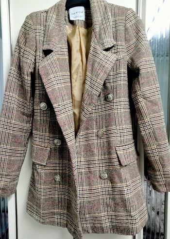 Düğmeli, Midi Boy Kadın Bej Blazer Ceket - Görsel 3