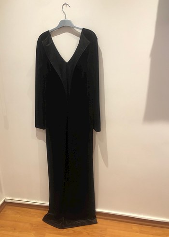 Uzun Siyah V Yaka, kadife abiye elbise - Görsel 2