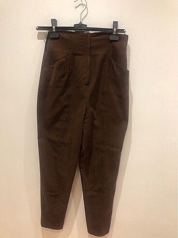 Derishow marka kahverengi süet görünümlü yüksek belli pantolon