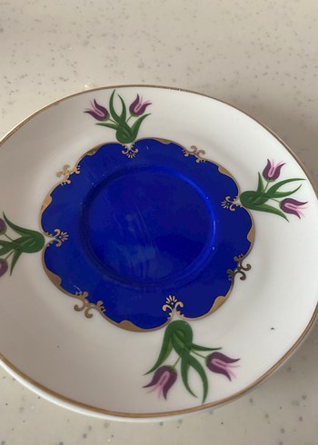 Koyu Mavi Çiçek Desenli Porselen Fincan ve Tabak - Görsel 3