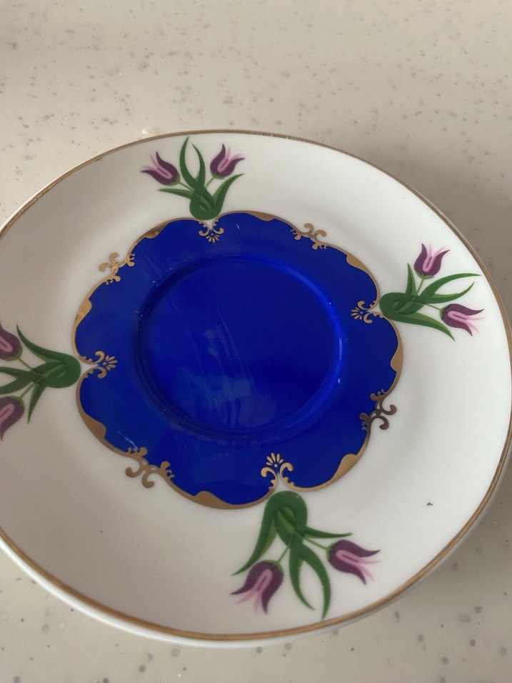 Koyu Mavi Çiçek Desenli Porselen Fincan ve Tabak - Görsel 3