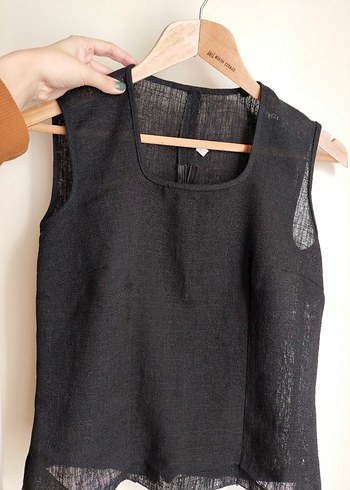 Şeffaf Siyah Kolsuz Keten Bluz - Görsel 2