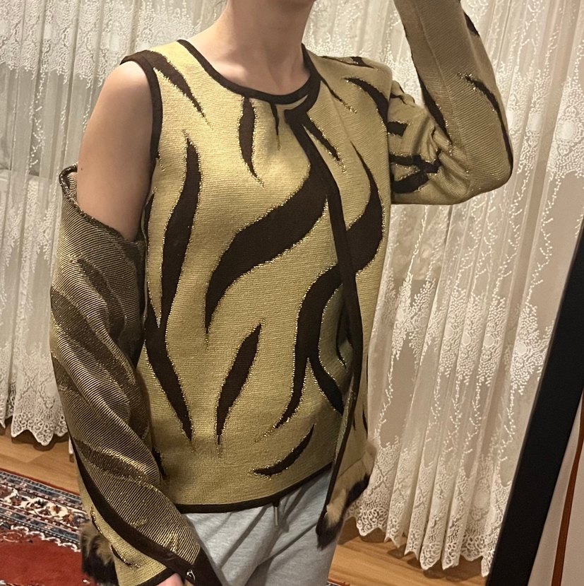 Kahverengi Zebra Desenli Kadın Hırka Bluz Takın - Görsel 3