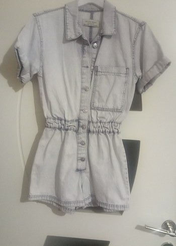 s Beden Kadın Gri Denim Mini Tulum