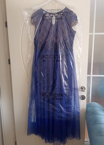 Drapeli Mavi Uzun Abiye Elbise - Görsel 2