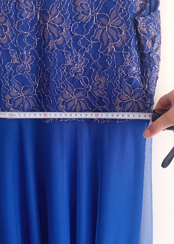 Drapeli Mavi Uzun Abiye Elbise - Görsel 7