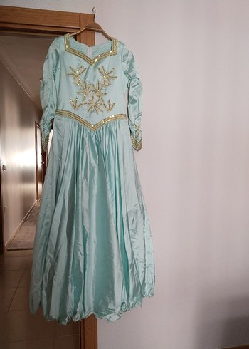 Turkuaz Nakışlı Uzun Kollu Vintage Kadın Elbise abiye kına nişan