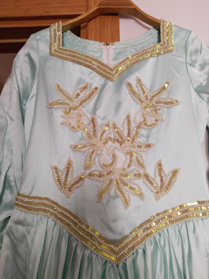 Turkuaz Nakışlı Uzun Kollu Vintage Kadın Elbise abiye kına nişan - Görsel 3