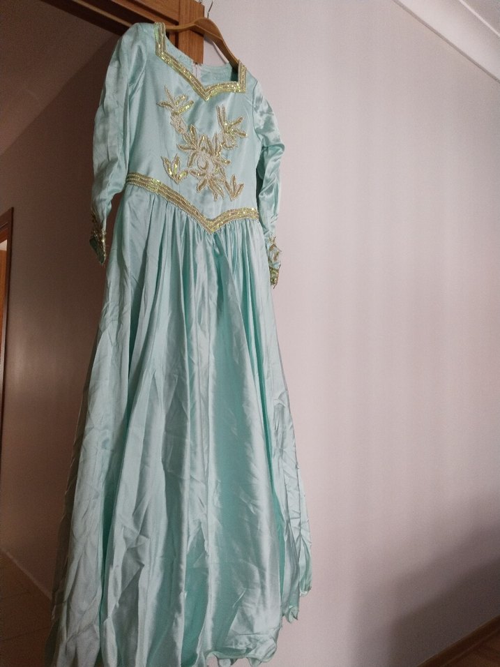 Turkuaz Nakışlı Uzun Kollu Vintage Kadın Elbise abiye kına nişan - Görsel 2