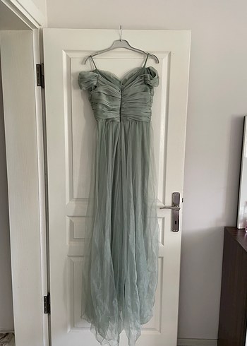 Yeşil Uzun Drapeli Abiye Elbise - Görsel 5