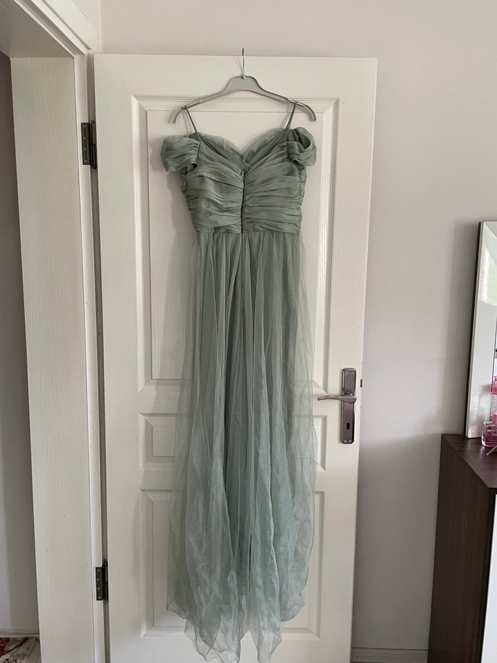 Yeşil Uzun Drapeli Abiye Elbise - Görsel 5