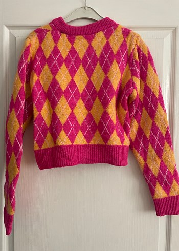 Pembe Sarı Desenli Örgü Kadın Kazak - Görsel 2