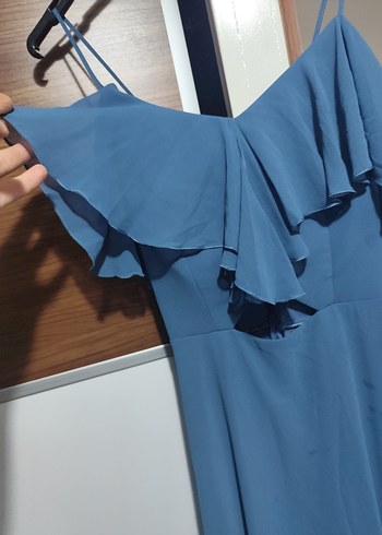 Mavi Uzun Askılı Volanlı Kadın Abiye Elbise - Görsel 10