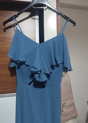 Mavi Uzun Askılı Volanlı Kadın Abiye Elbise - Görsel 7