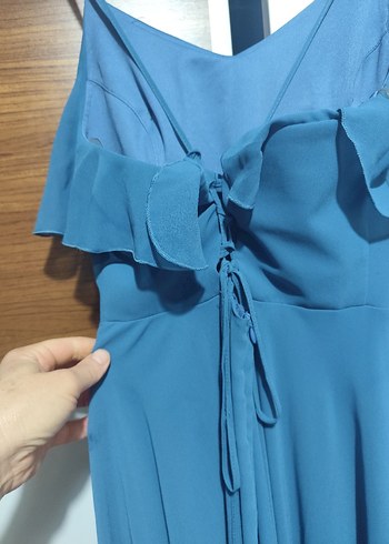 Mavi Uzun Askılı Volanlı Kadın Abiye Elbise - Görsel 5