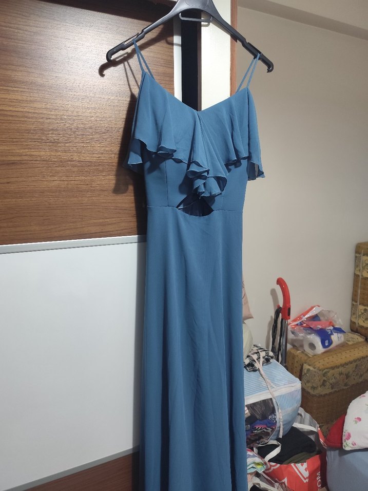 Mavi Uzun Askılı Volanlı Kadın Abiye Elbise - Görsel 2