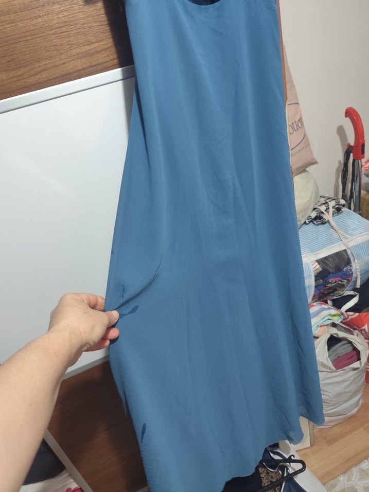 Mavi Uzun Askılı Volanlı Kadın Abiye Elbise - Görsel 3