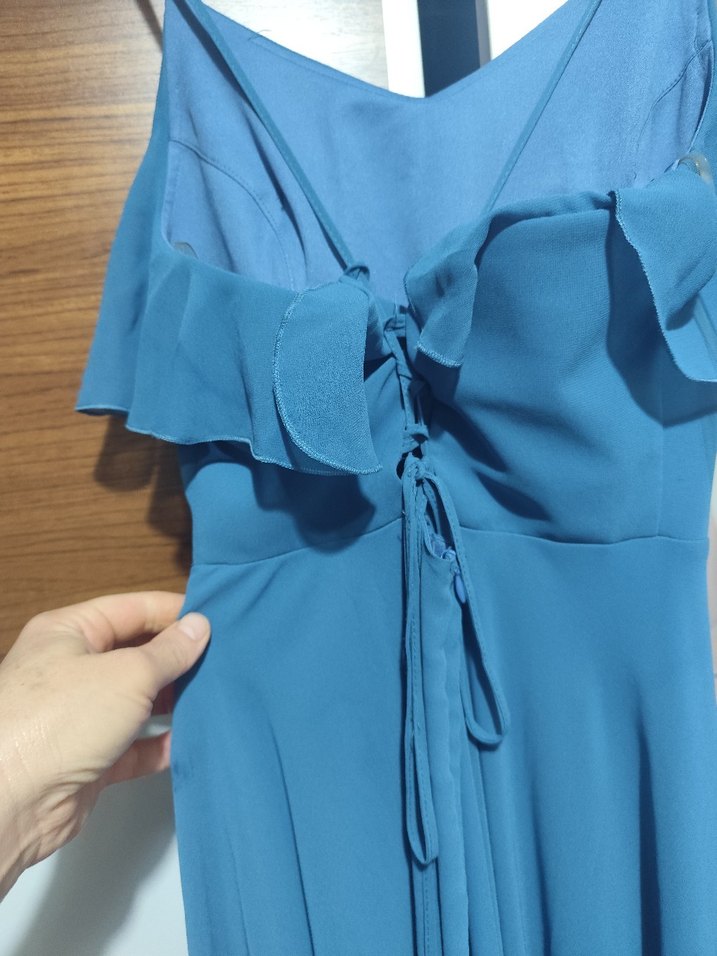 Mavi Uzun Askılı Volanlı Kadın Abiye Elbise - Görsel 5