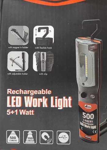 Şarj Edilebilir 5+1W LED İş Işığı, 500 Lümen, Klipsli
