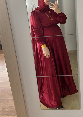 Bordo Uzun Kollu Salaş Abiye Elbise