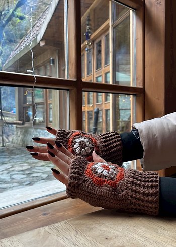 Bohem Tarz Örgü Kahverengi Eldiven - Görsel 4