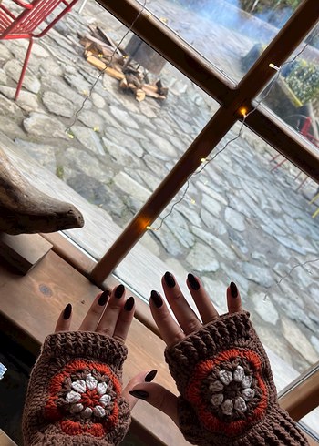 Bohem Tarz Örgü Kahverengi Eldiven - Görsel 5