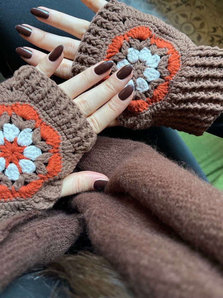 Bohem Tarz Örgü Kahverengi Eldiven - Görsel 2