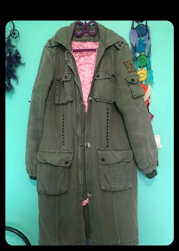 Haki Renk, Uzun Düğmeli, Fermuarlı, Denim Kadın Ceket - Görsel 2