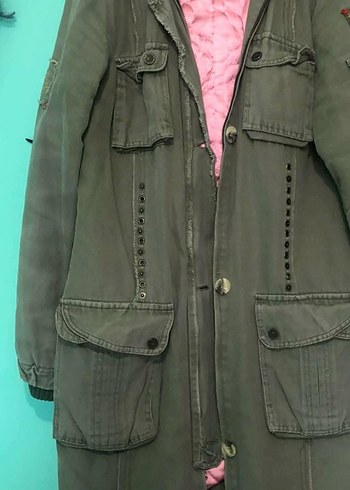 Haki Renk, Uzun Düğmeli, Fermuarlı, Denim Kadın Ceket - Görsel 3