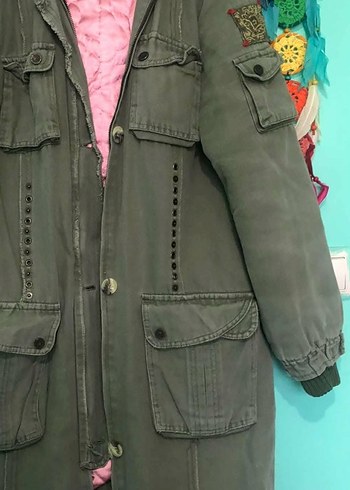 Haki Renk, Uzun Düğmeli, Fermuarlı, Denim Kadın Ceket - Görsel 4