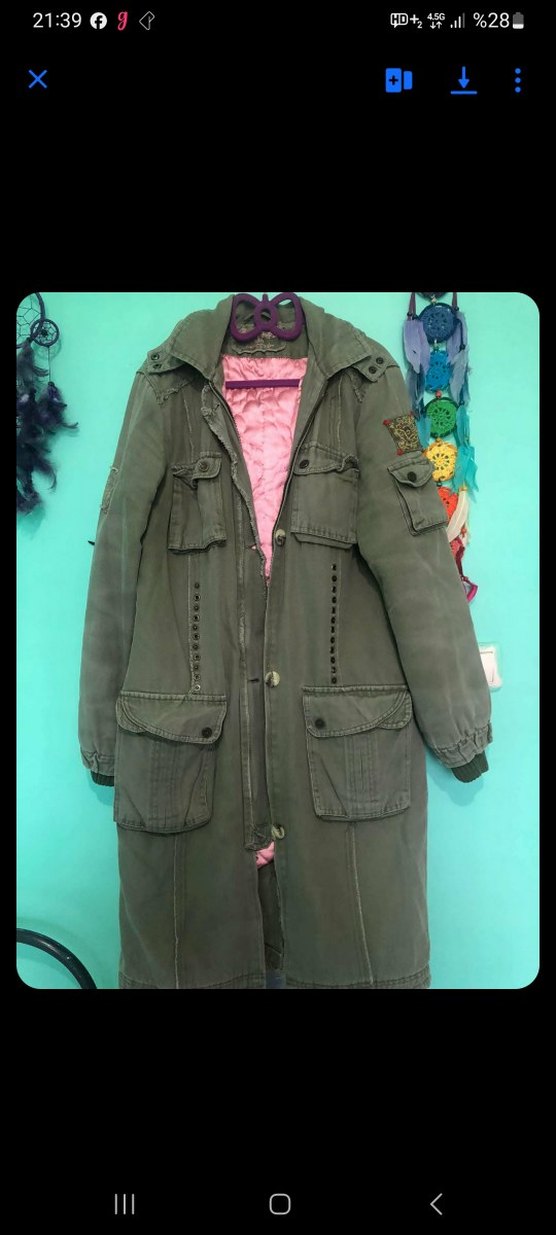 Haki Renk, Uzun Düğmeli, Fermuarlı, Denim Kadın Ceket - Görsel 2