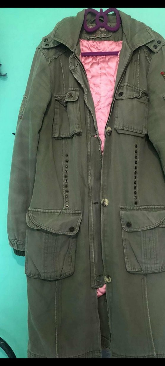 Haki Renk, Uzun Düğmeli, Fermuarlı, Denim Kadın Ceket - Görsel 3