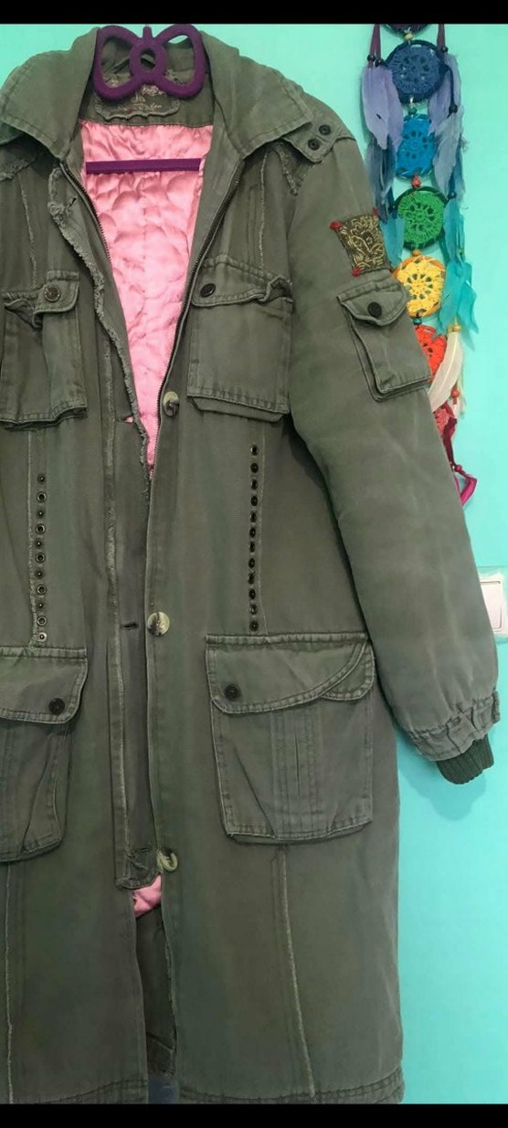 Haki Renk, Uzun Düğmeli, Fermuarlı, Denim Kadın Ceket - Görsel 4