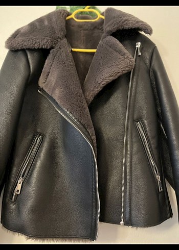 MANGO Siyah Deri Kürklü Biker Ceket