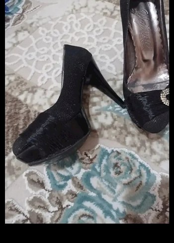 Siyah Yılan Desenli Payetli Topuklu Kadın Ayakkabı - Görsel 2