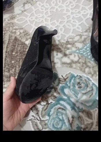 Siyah Yılan Desenli Payetli Topuklu Kadın Ayakkabı - Görsel 3