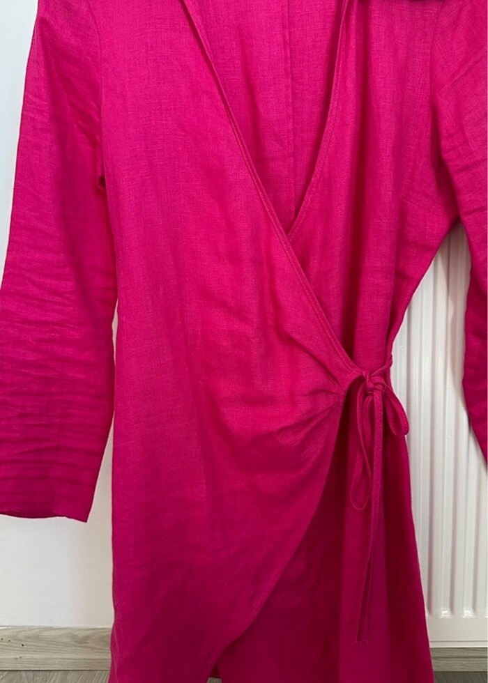 Mango keten elbise fuşya - Görsel 5