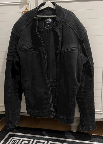 Siyah Biker Denim Ceket, Kemerli, Dar Kesim
