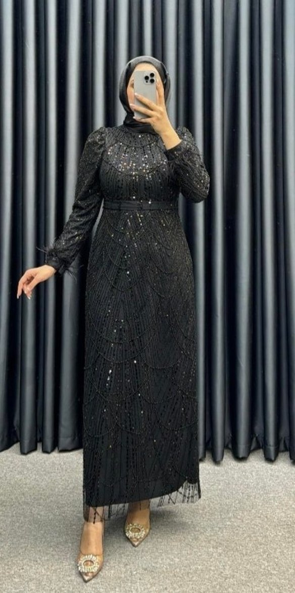 Boncuk İşlemeli Siyah Uzun Kollu Abiye Elbise - Görsel 2