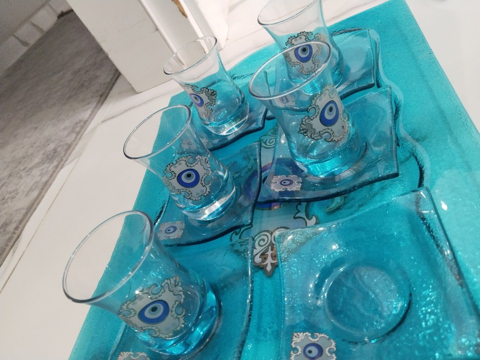 Mavi Desenli Cam Çay Seti - Görsel 2