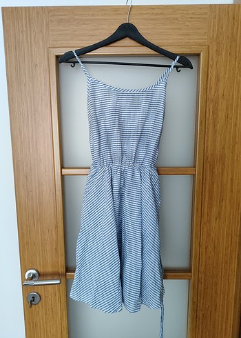 Çizgili, Askılı, Midi Keten Elbise