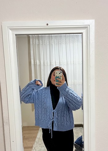 Mavi Örgü Kadın Hırka - Görsel 4