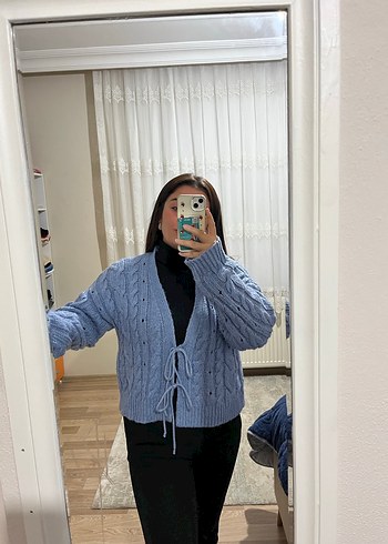 Mavi Örgü Kadın Hırka - Görsel 5