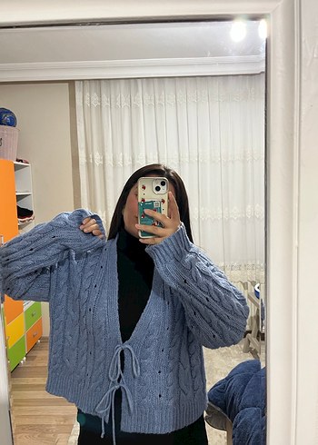 Mavi Örgü Kadın Hırka - Görsel 2