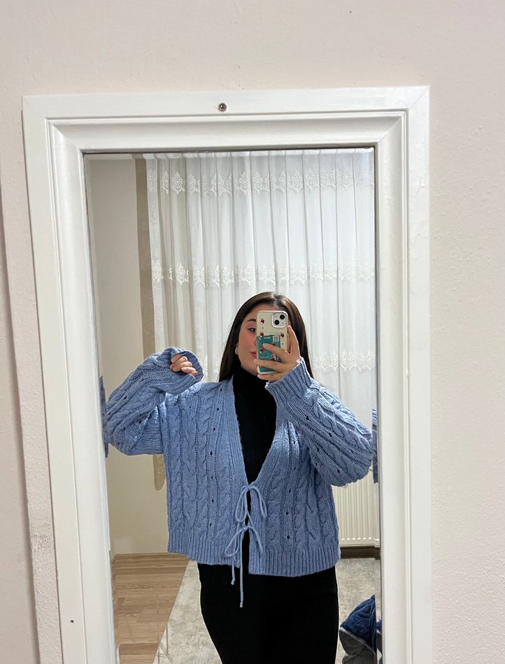 Mavi Örgü Kadın Hırka - Görsel 4