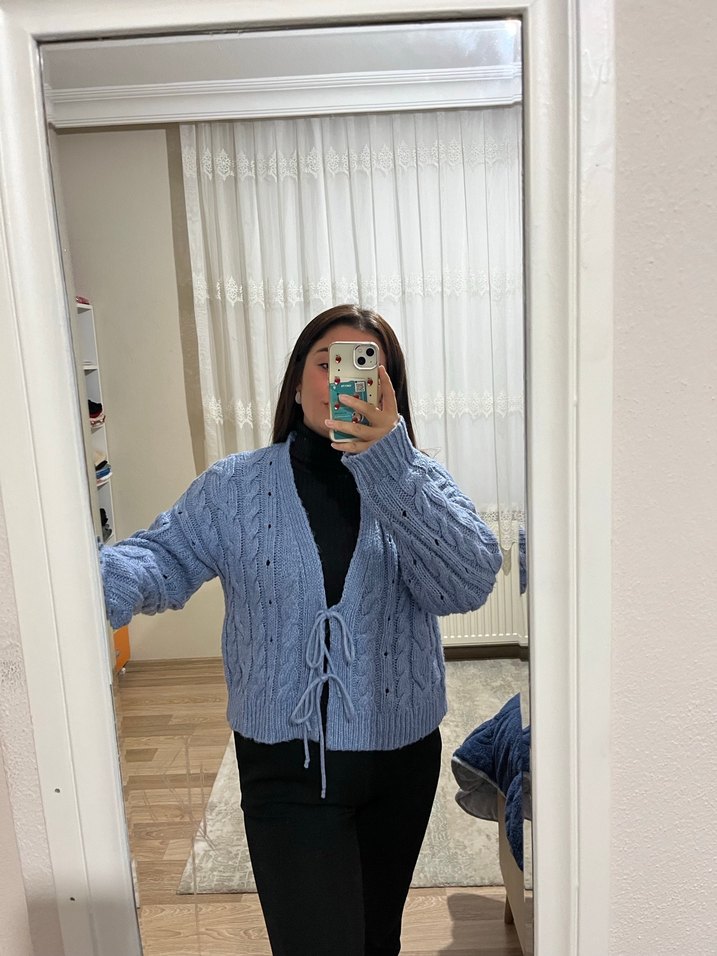 Mavi Örgü Kadın Hırka - Görsel 5