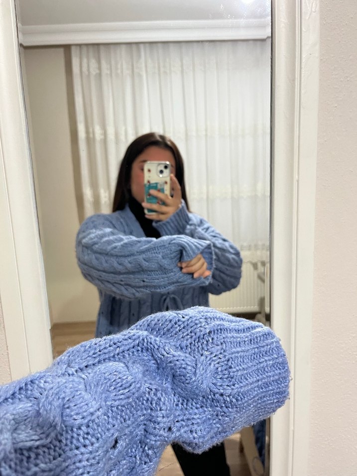 Mavi Örgü Kadın Hırka - Görsel 3